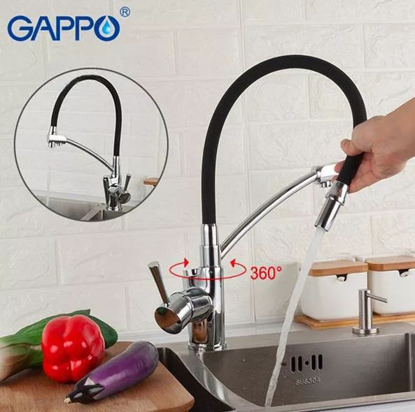 Змішувач для кухні під фільтр з гнучким виливом Gappo G4398-11 Чорний/Хром